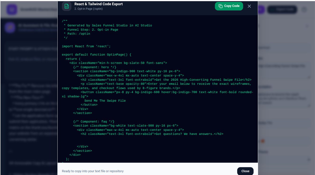 Sales Funnel Studio Clean React Code Export